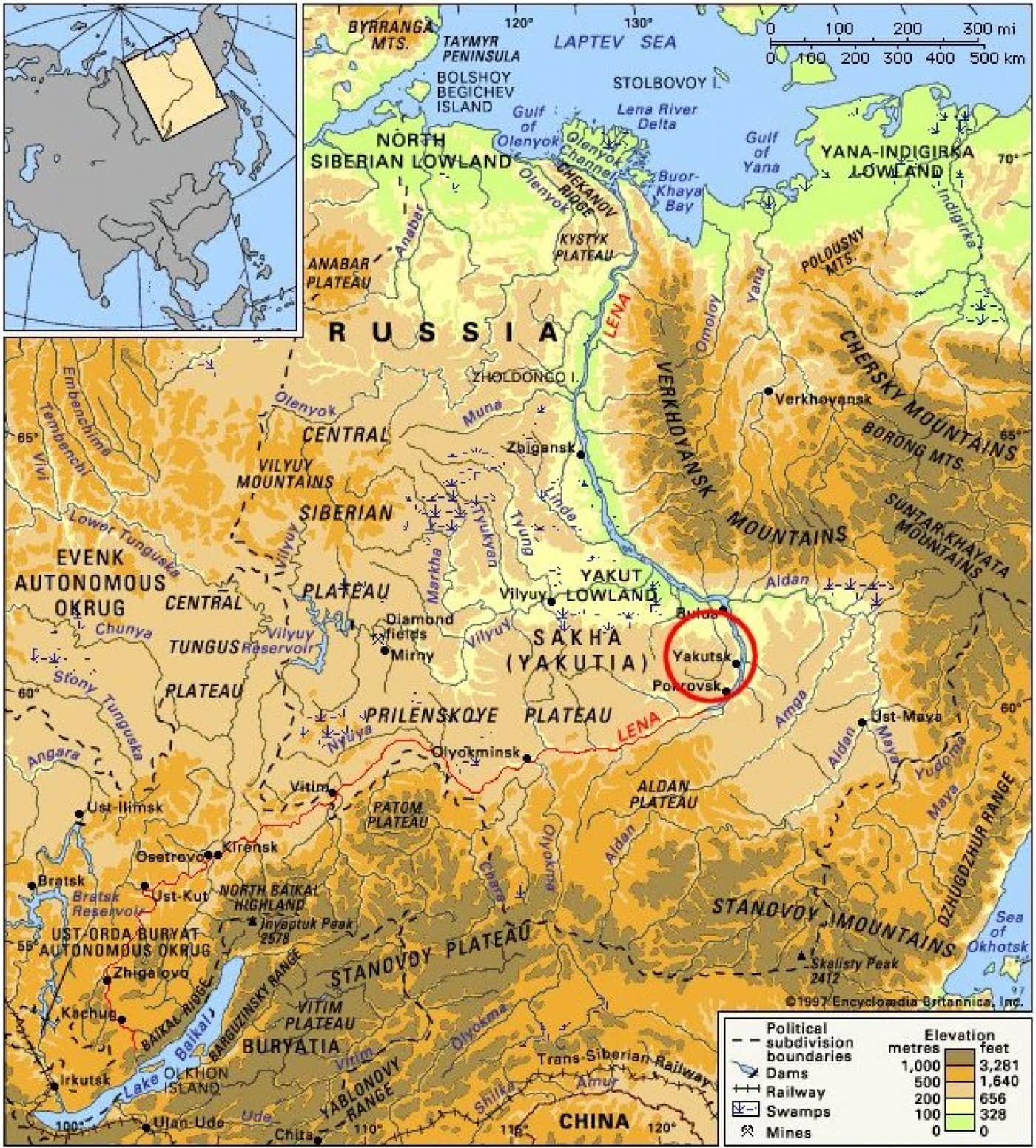 Исток реки Лена на карте России