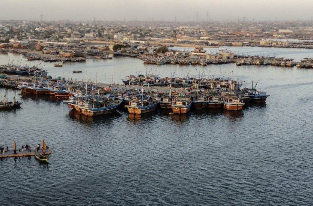 An aerial view of the sea and a harbor with boats, Karachi coast, Pakistan