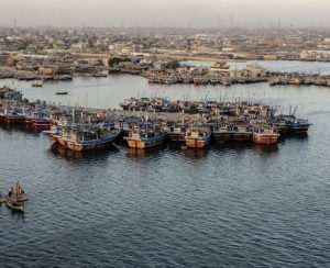 An aerial view of the sea and a harbor with boats, Karachi coast, Pakistan