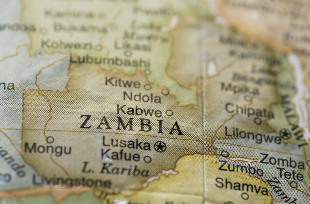 Macro of Zambia on a globe, narrow depth of field