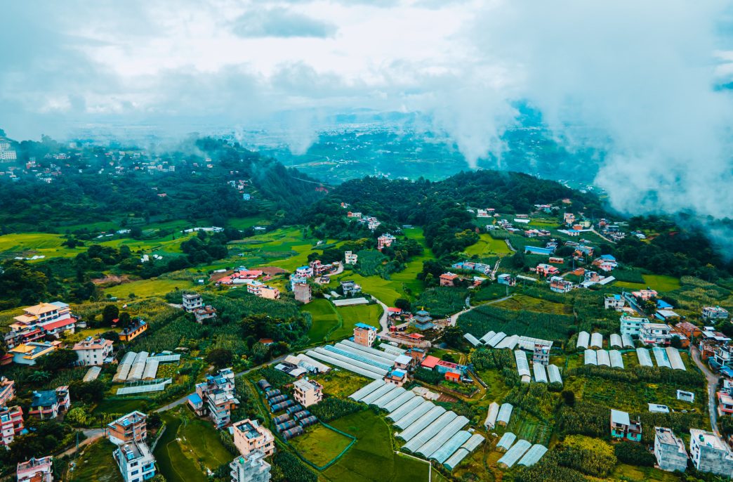 Aerial view of Pharping valley during monsoon season in Kathmandu, Nepal.