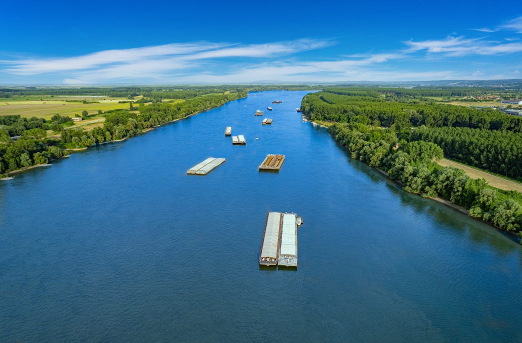 Several barges on the Danube aerial view.