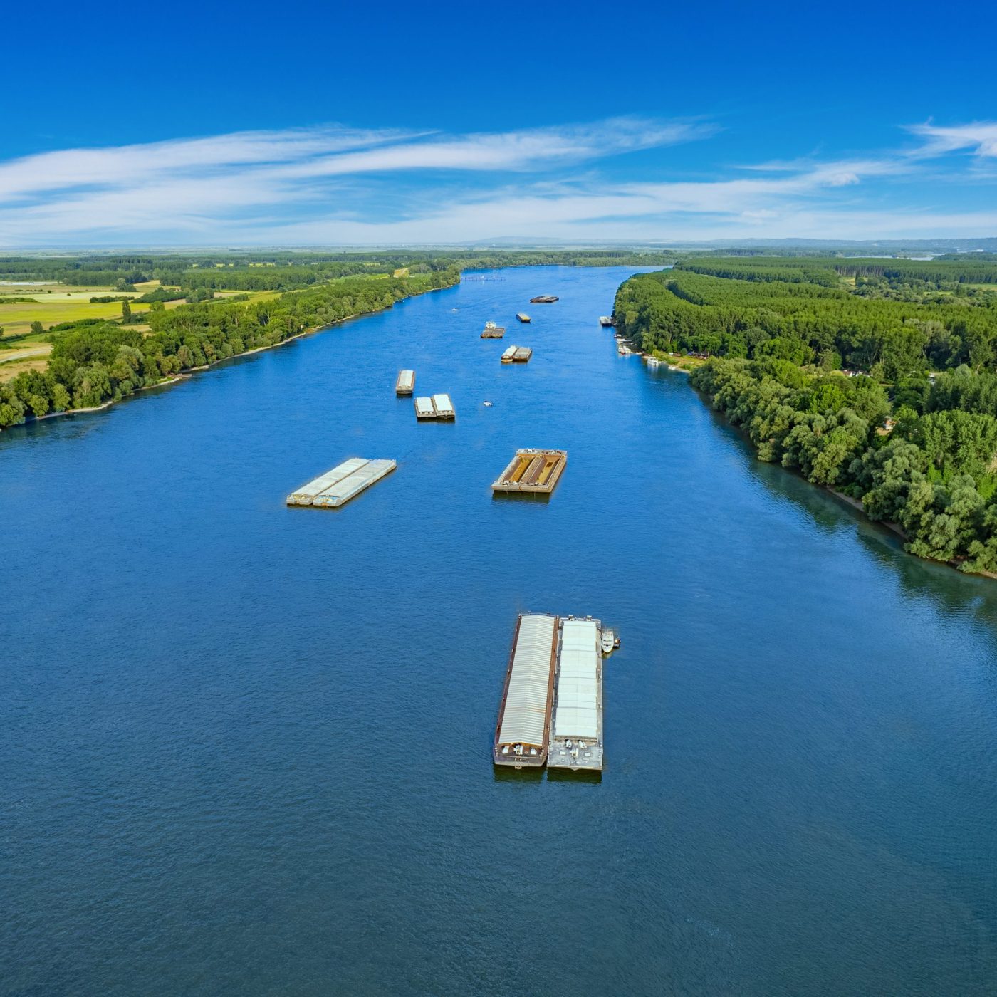 Several barges on the Danube aerial view.