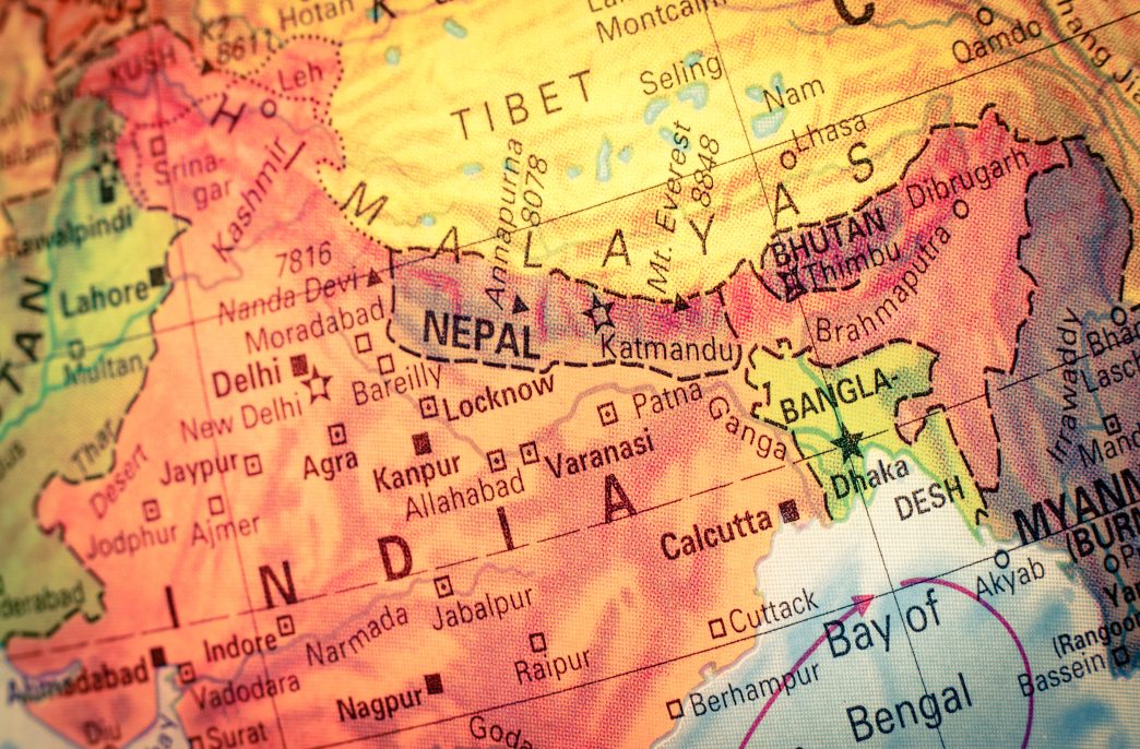 Vintage Map Nepal and Bhutan .  Close-up macro image of Nepalese  map . Selective focus