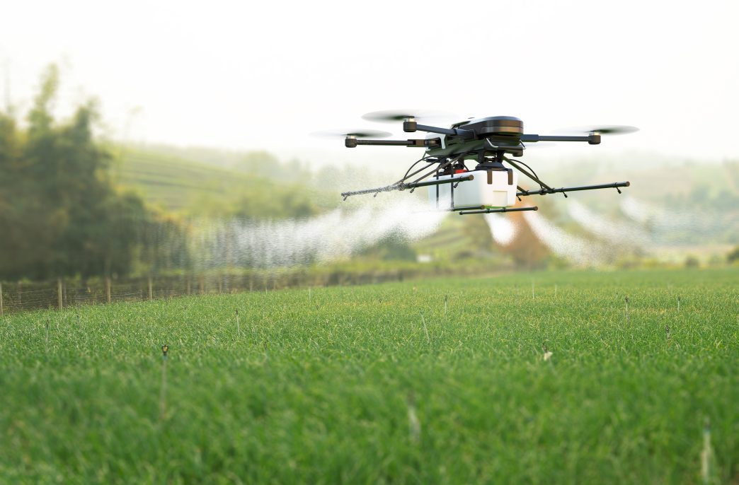 Drone spraying pesticide on wheat field. 3D illustration