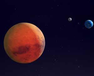 Mars, Earth and the Moon in space - 3d render - elements of this image furnished by NASA.