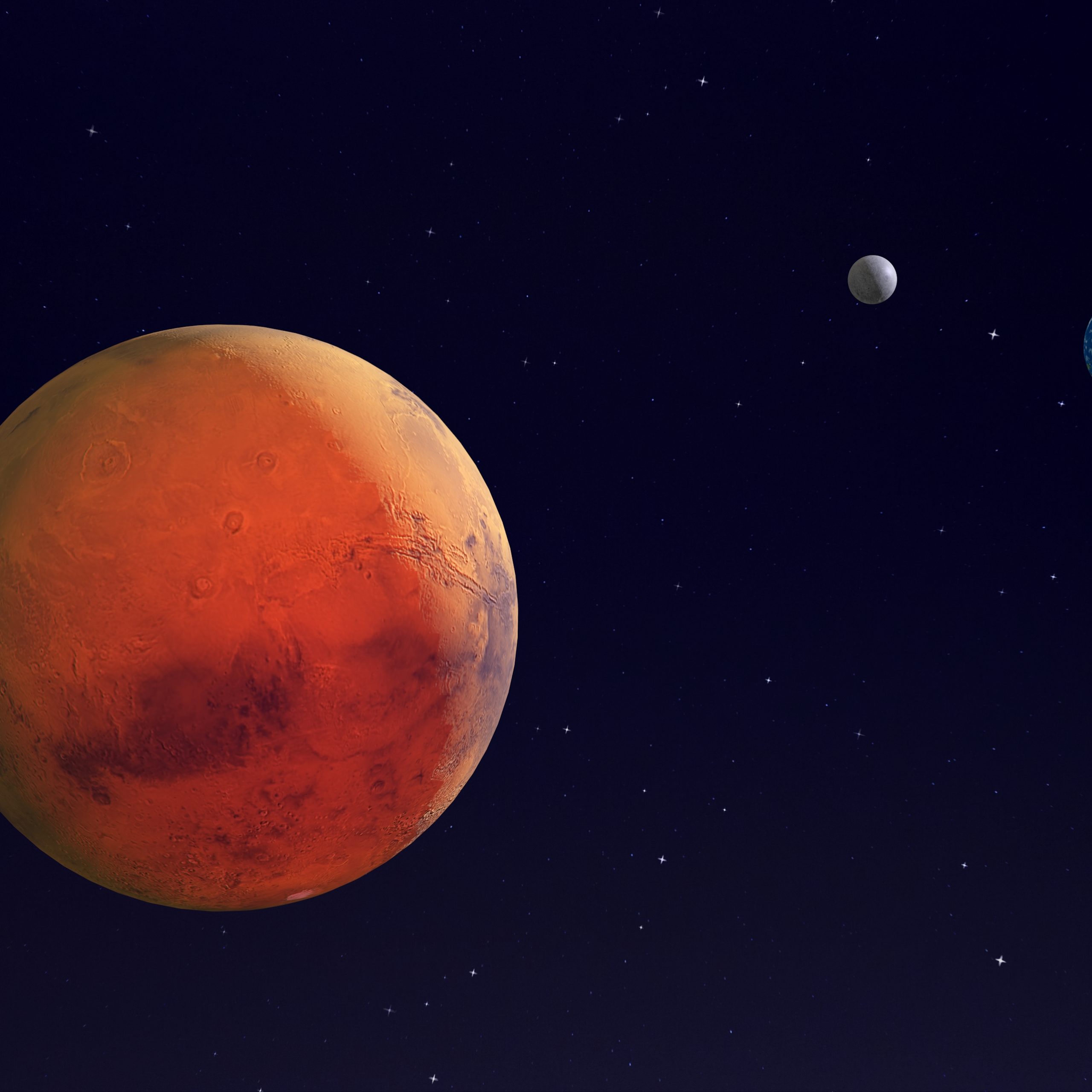 Mars, Earth and the Moon in space - 3d render - elements of this image furnished by NASA.