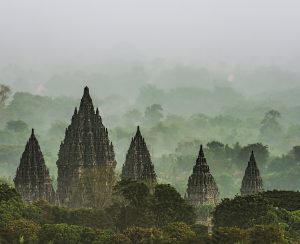 Prambanan temple viewed in foggy early morning.