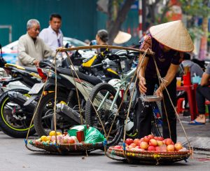 Hanoi, Bac Bo, Vietnam - November 26, 2019: Mobile shop in the street of Hanoi in Vietnam