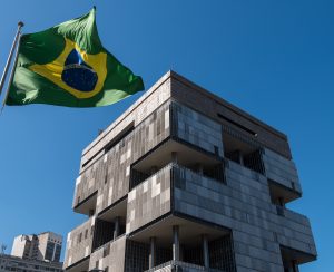 Rio de Janeiro, Brazil - June 13, 2016: Petrobras Headquarters Building in downtown Rio de Janeiro, Brazil. A huge modern 70's architecture building has unique facade.